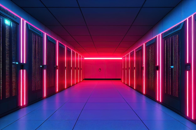 Room full of fantastic supercomputer data center background abstract super computer neon light