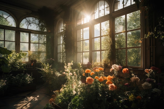 A room full of greenery and blooming flowers with sunlight streaming in through the windows created with generative ai