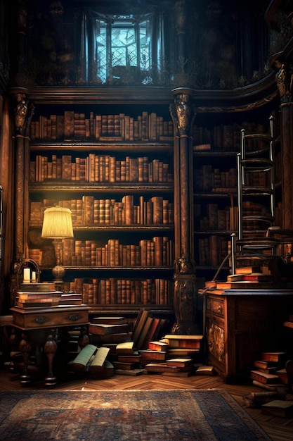 a room full of old books with a lamp on the top.