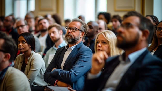 Room full of people watching a presentation