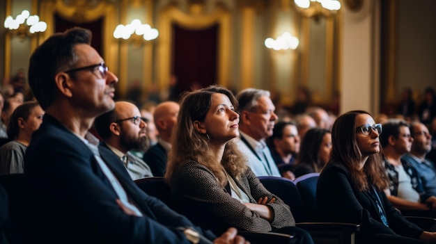 Room full of people watching a presentation