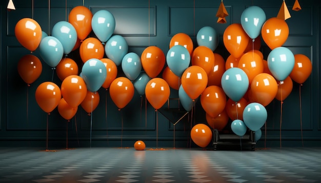 A room full of shiny orange and blue balloons