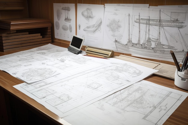 Room full of ship drawings blueprints and plans