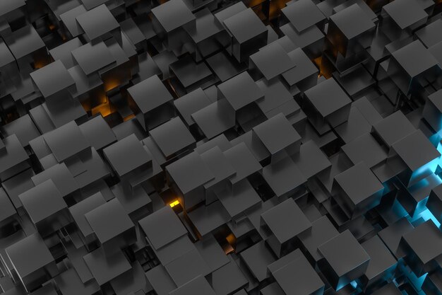 Комната, полная темных кубов, освещенная светящимися кубами 3d-рендеринга