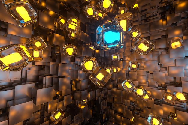 a room full with dark cubes illuminated by glowing cubes 3d rendering