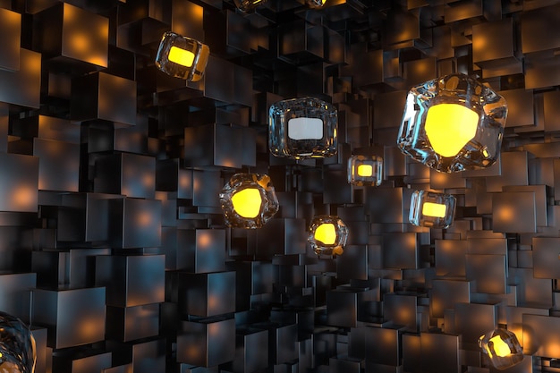 a room full with dark cubes illuminated by glowing cubes 3d rendering