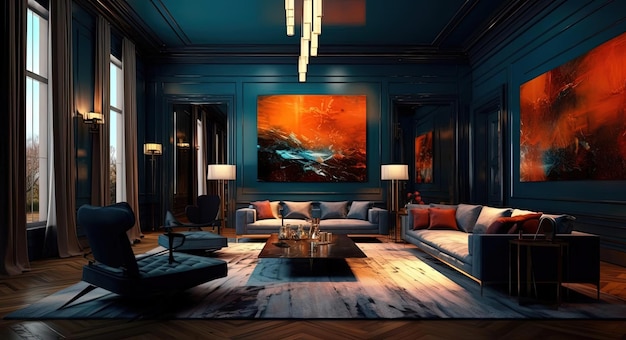 the room has beautiful blue walls and furniture with black accents