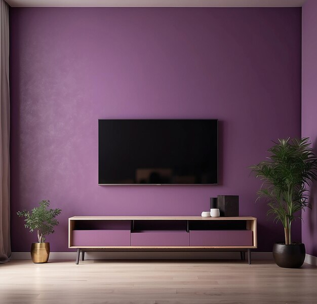 a room in a house with purple walls with complete interior in front