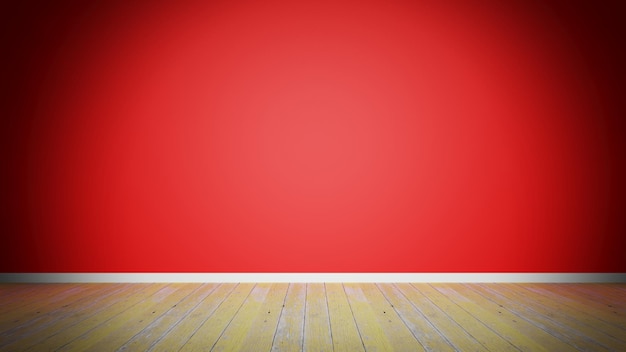 Room interior empty red wall and old wooden plank floor