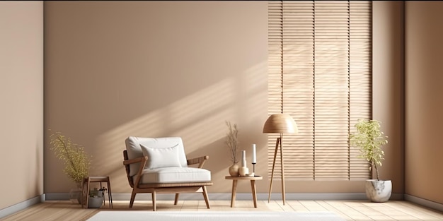 Room interior mock up in beige tones with wooden chair and wood panel