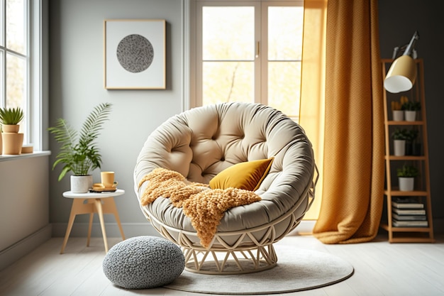 Room interior with comfortable papasan chair Trendy living room interior with comfortable armchair