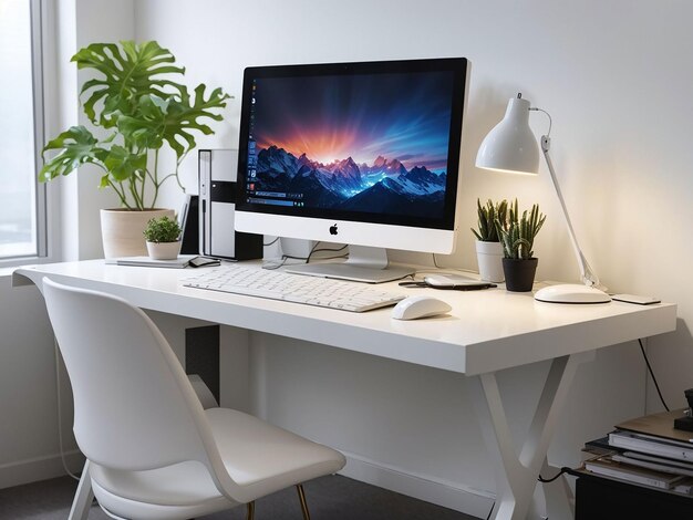 Room interior with desk seat and computer on table