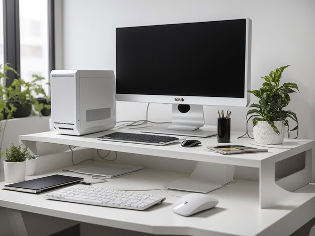 Room interior with desk seat and computer on table