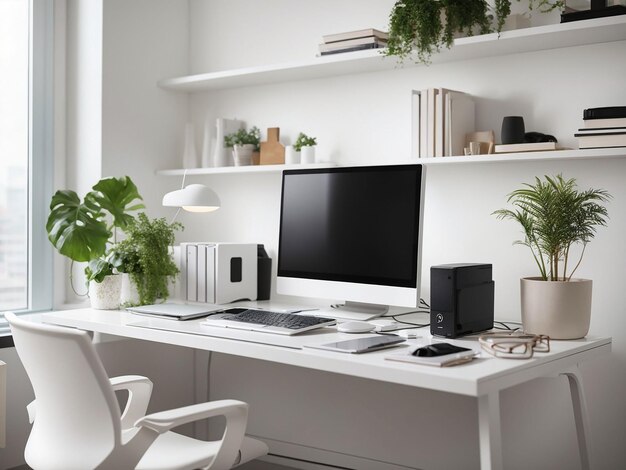 Room interior with desk seat and computer on table