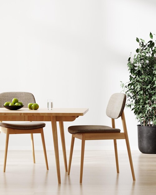 Photo room interior with dinning table and chairs white wall and green plant 3d rendering