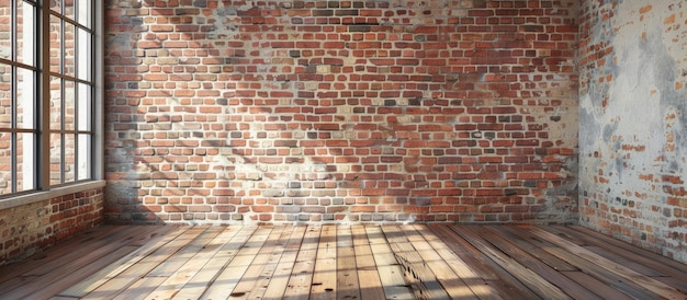 Room interior with distressed brick wall and hardwood floor