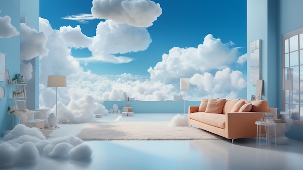 Room interior with sofa and cloud floating on the sky