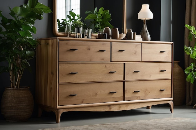 Фото room interior with white chest of woden drawers near beige wall