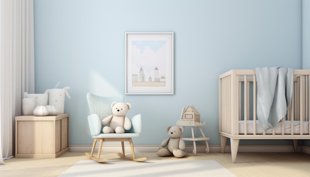 Photo room is a children's nursery in light blues color