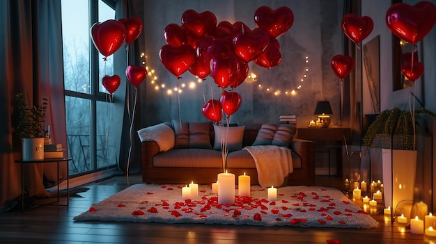 방은 발렌타인 데이를 위해 풍선과 심장 모양의 불로 장식되어 있습니다.