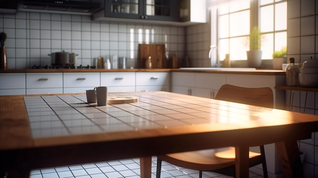 The room is decorated with white tiles and a wooden table