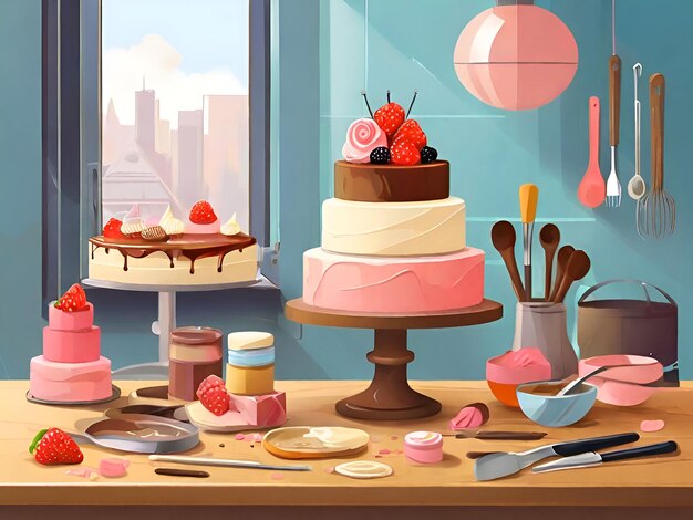 The room is filled with cake making tools illustration painting