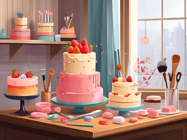 The room is filled with cake making tools illustration painting