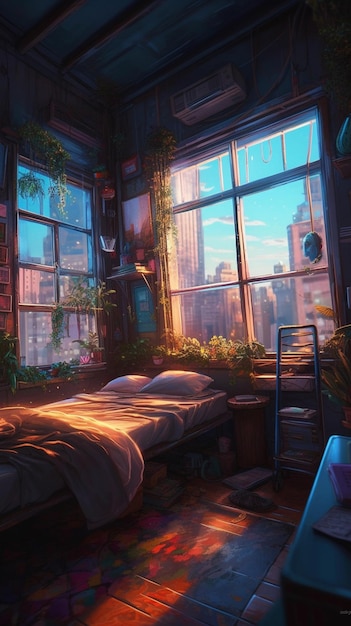 The room is filled with plants and the window is titled'city of dreams '