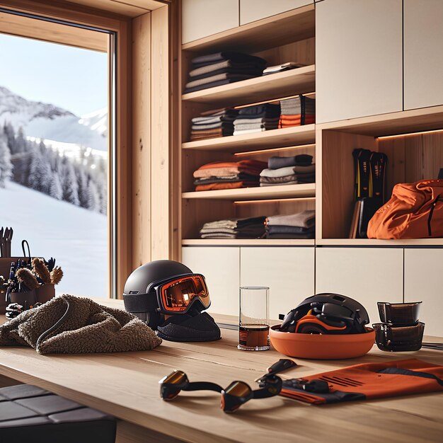 A room is filled with ski gear on a desk