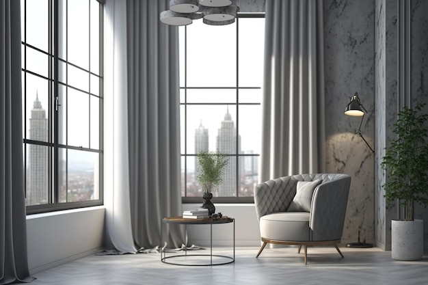 Комната из бетона с серой драпировкой окна, стулом и видом на город Концепция дизайна и стиля