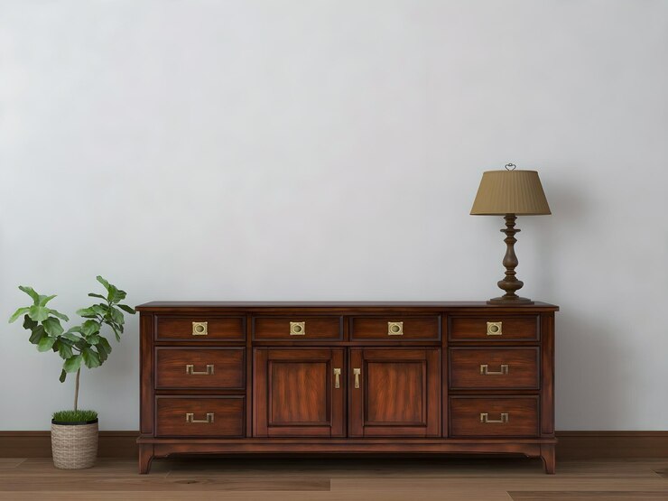 Room mockup with vintage wooden desk table lamp and plant