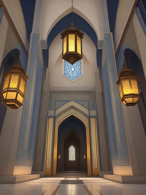 a room in the mosque with lanterns