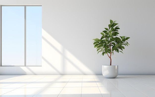 a room in a new building all white and brightly lit in the middle there is only a green plant in a