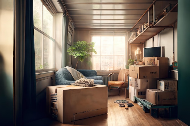 Photo a room packed with cardboard boxes for moving generative ai