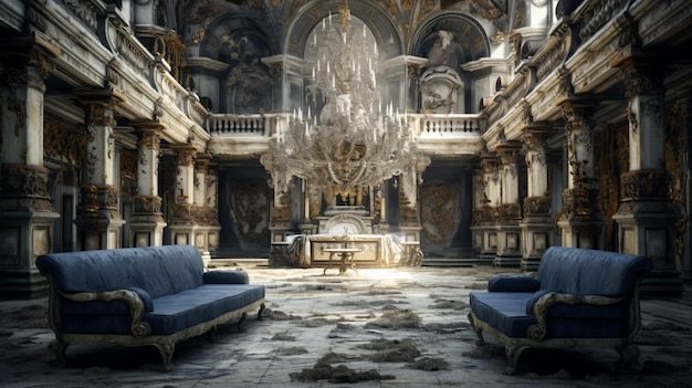 A room in a palace with a chandelier hanging from the ceiling