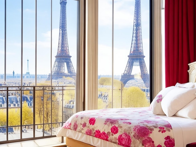 Room in Paris with eiffel tour in window beautifully made with Generative AI