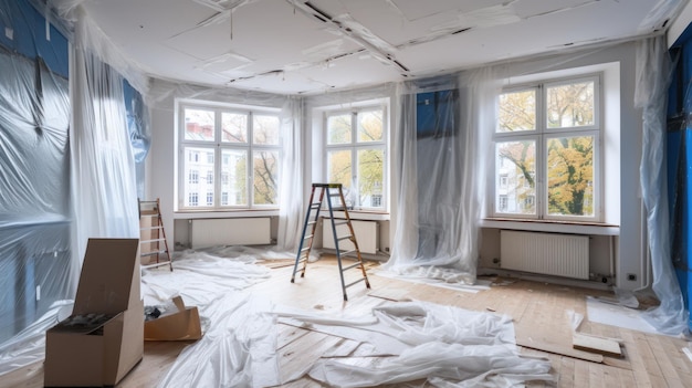 Room ready for renovation covered with plastic wrap Plastic sheet Home during renovation