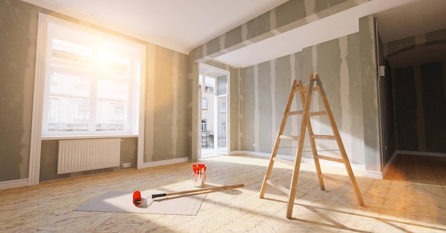 Room in renovation in elegant apartment for relocation with paint bucket and Flattened drywall walls