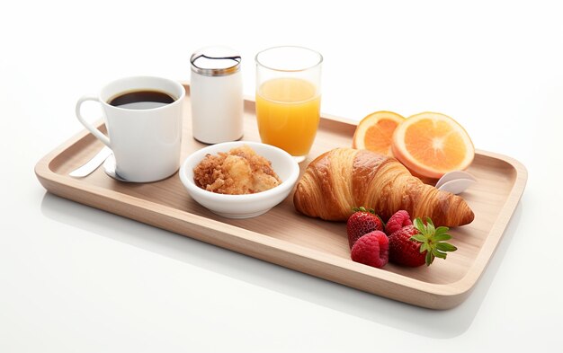 Photo room service breakfast tray in 8k realism on white background