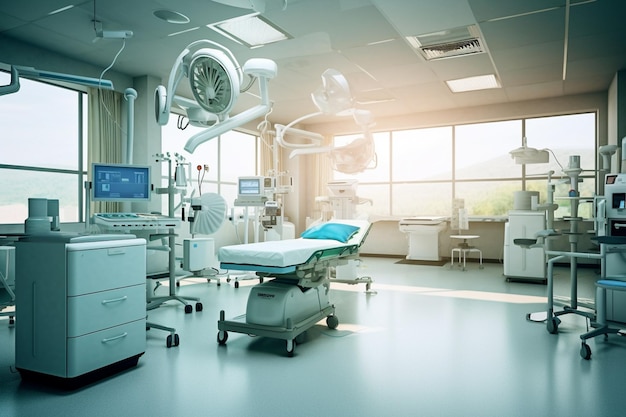 A room showing medical equipment in an bright hospital operating room with Generative AI