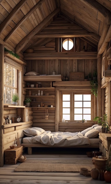 the room for sleeping in the wooden house is nice