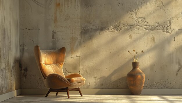 in room a soft PEACH chair is placed next to vase