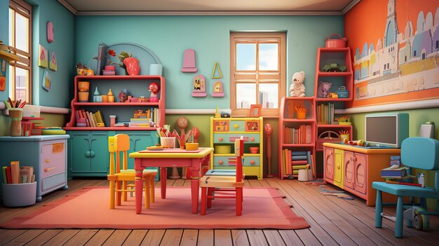 Photo room for studing and games in kindergarten bright color generative ai