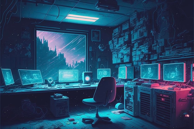 Room that has a bunch of computers on it generative ai