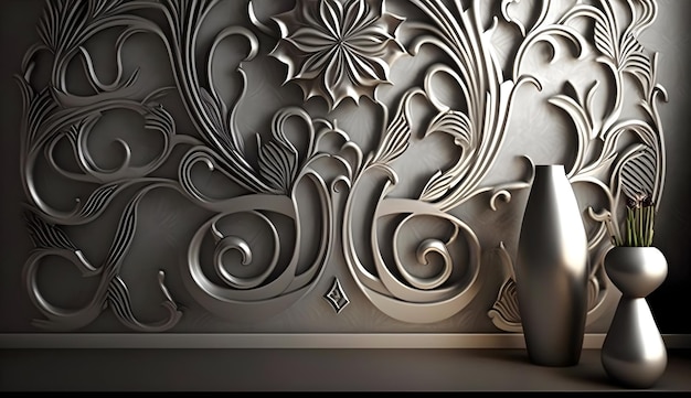 Room wallpaper made of steel with traditional Indonesian Jepara carvings generative ai