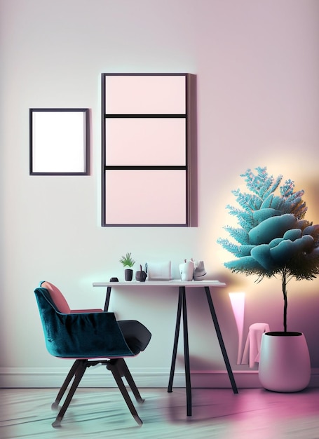 Photo room white wall and big frame poster on it table small tree chair interior modern living room