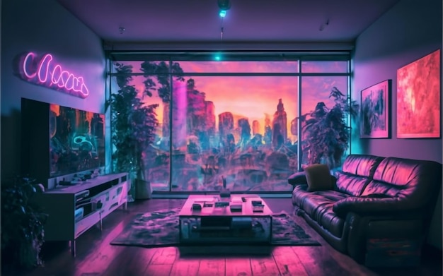 Room window neon synthwave tv scenery interior design