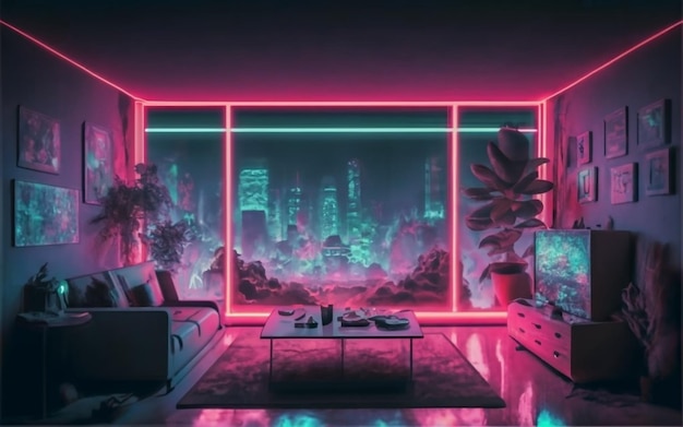 Room window neon synthwave tv scenery interior design