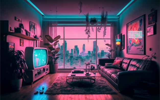 Room window neon synthwave tv scenery interior design