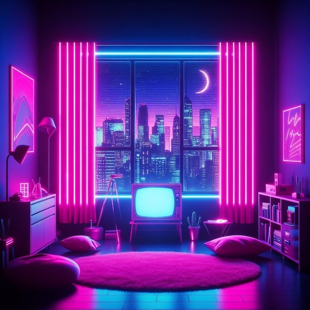 Room window neon synthwave tv scenery interior design